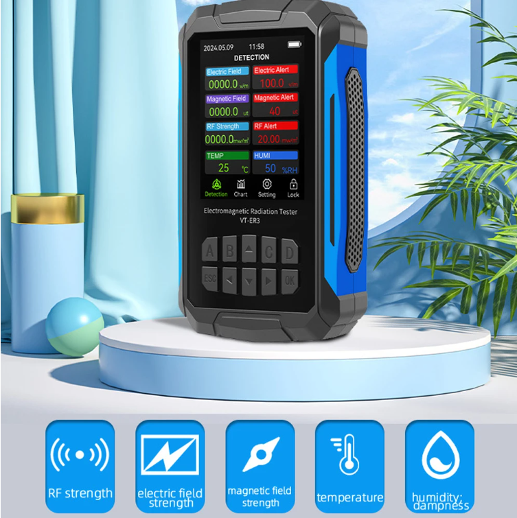 Advanced 5-in-1 EMF Meter – Detects RF, Magnetic, Electric Fields + Temperature & Humidity